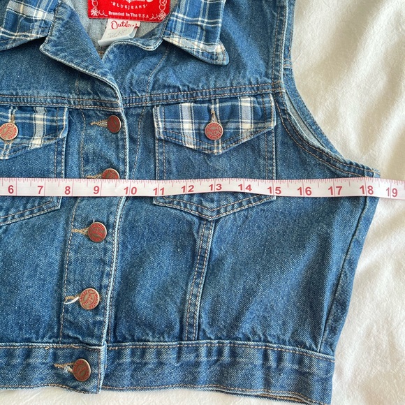 Vintage Outlaw Cropped Denim Vest w/ Plaid Trim, L 90s Grunge Western Aesthetic - Picture 10 of 14